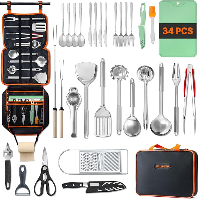 Gaialoop Portable Camping Cooking Utensils Set, Camp Kitchen Set with Organizer Bag, RV Essentials Outdoor Cooking Utensil Kit for Travel, Picnics, Camping, BBQs, Parties 34pcs