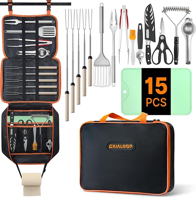 Gaialoop Portable Camping Cooking Utensils Set, Camp Kitchen Set with Organizer Bag, RV Essentials Outdoor Cooking Utensil Kit for Travel, Picnics, Camping, BBQs, Parties 15pcs