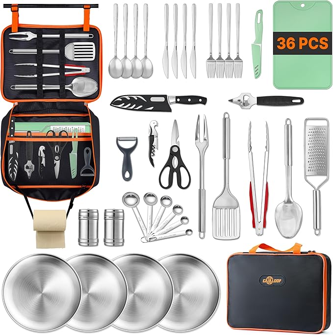 Gaialoop Portable Camping Cooking Utensils Set, Camp Kitchen Set with Organizer Bag, RV Essentials Outdoor Cooking Utensil Kit for Travel, Picnics, Camping, BBQs, Parties 36pcs