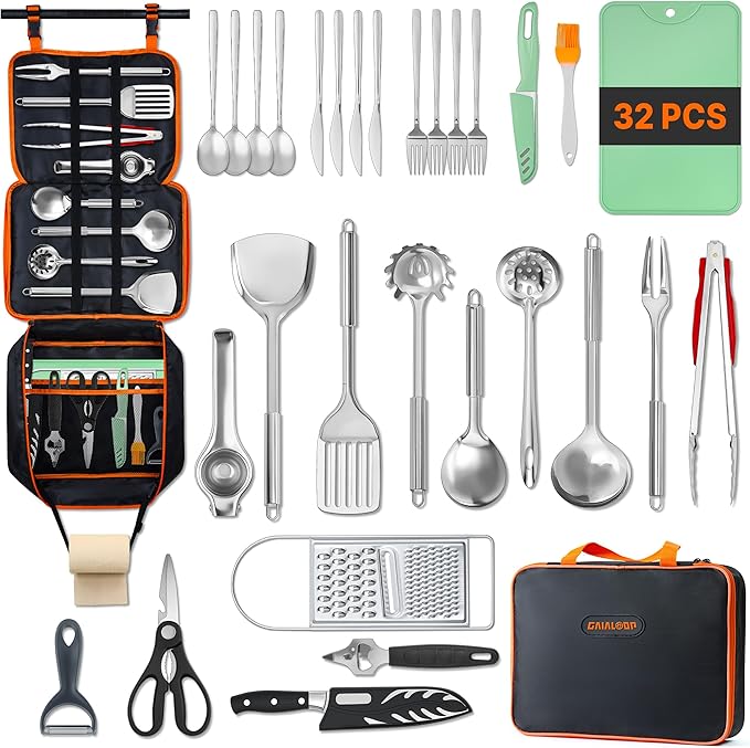 Gaialoop Portable Camping Cooking Utensils Set, Camp Kitchen Set with Organizer Bag, RV Essentials Outdoor Cooking Utensil Kit for Travel, Picnics, Camping, BBQs, Parties 32pcs