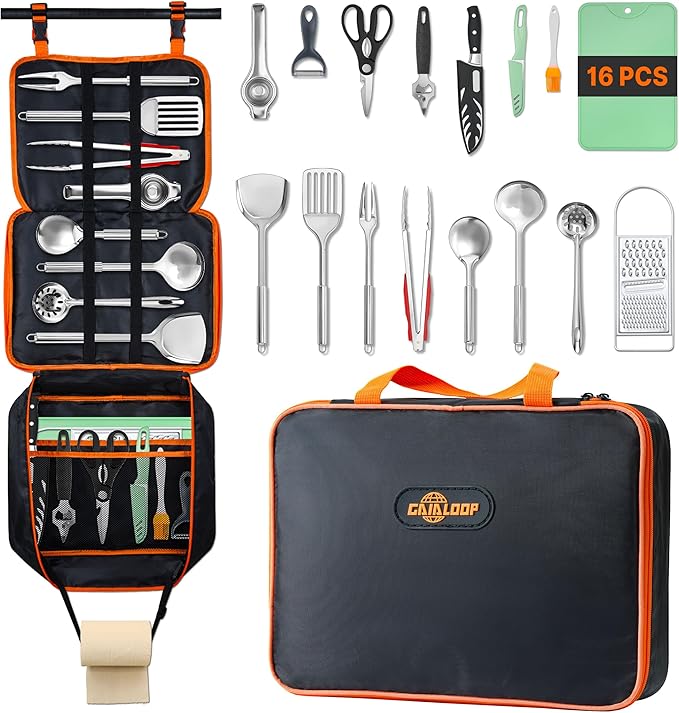 Gaialoop Portable Camping Cooking Utensils Set, Camp Kitchen Set with Organizer Bag, RV Essentials Outdoor Cooking Utensil Kit for Travel, Picnics, Camping, BBQs, Parties 16pcs
