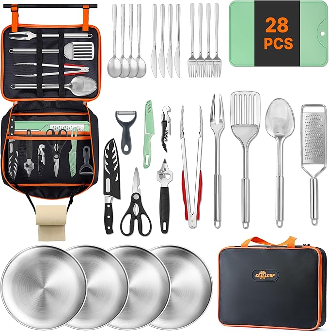 Gaialoop Portable Camping Cooking Utensils Set, Camp Kitchen Set with Organizer Bag, RV Essentials Outdoor Cooking Utensil Kit for Travel, Picnics, Camping, BBQs, Parties 28pcs