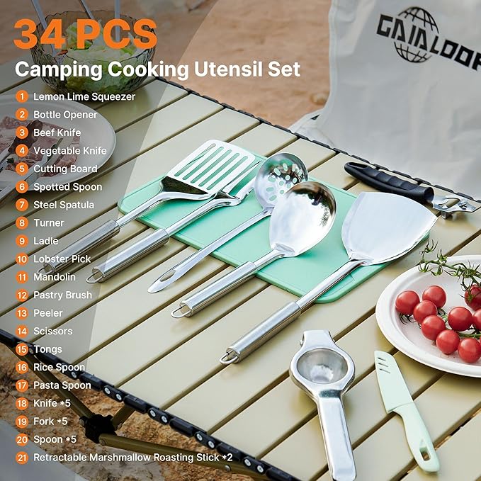 Gaialoop Portable Camping Cooking Utensils Set, Camp Kitchen Set with Organizer Bag, RV Essentials Outdoor Cooking Utensil Kit for Travel, Picnics, Camping, BBQs, Parties 34pcs