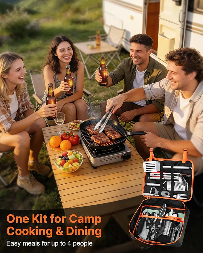 Gaialoop Portable Camping Cooking Utensils Set, Camp Kitchen Set with Organizer Bag, RV Essentials Outdoor Cooking Utensil Kit for Travel, Picnics, Camping, BBQs, Parties 28pcs
