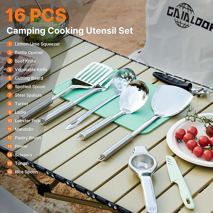Gaialoop Portable Camping Cooking Utensils Set, Camp Kitchen Set with Organizer Bag, RV Essentials Outdoor Cooking Utensil Kit for Travel, Picnics, Camping, BBQs, Parties 16pcs