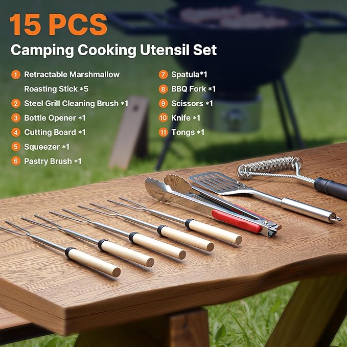 Gaialoop Portable Camping Cooking Utensils Set, Camp Kitchen Set with Organizer Bag, RV Essentials Outdoor Cooking Utensil Kit for Travel, Picnics, Camping, BBQs, Parties 15pcs
