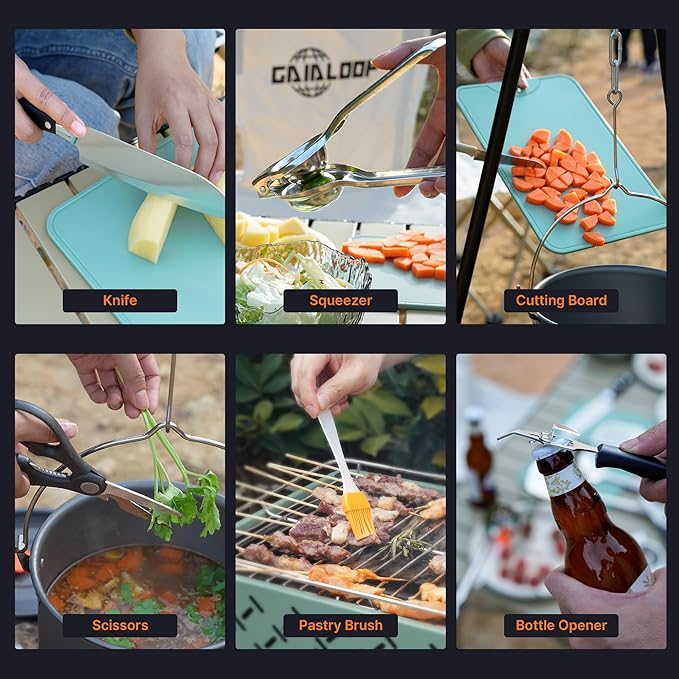 Gaialoop Portable Camping Cooking Utensils Set, Camp Kitchen Set with Organizer Bag, RV Essentials Outdoor Cooking Utensil Kit for Travel, Picnics, Camping, BBQs, Parties 15pcs