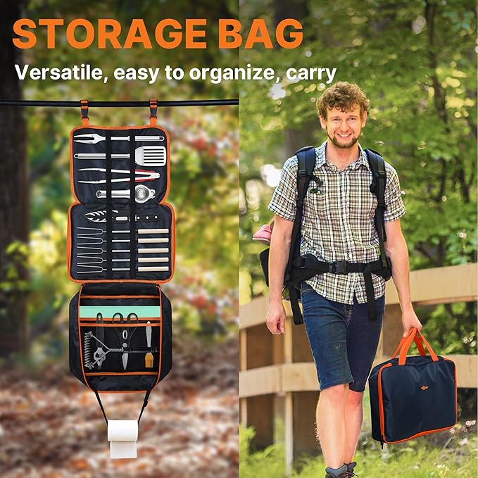 Gaialoop Portable Camping Cooking Utensils Set, Camp Kitchen Set with Organizer Bag, RV Essentials Outdoor Cooking Utensil Kit for Travel, Picnics, Camping, BBQs, Parties 15pcs