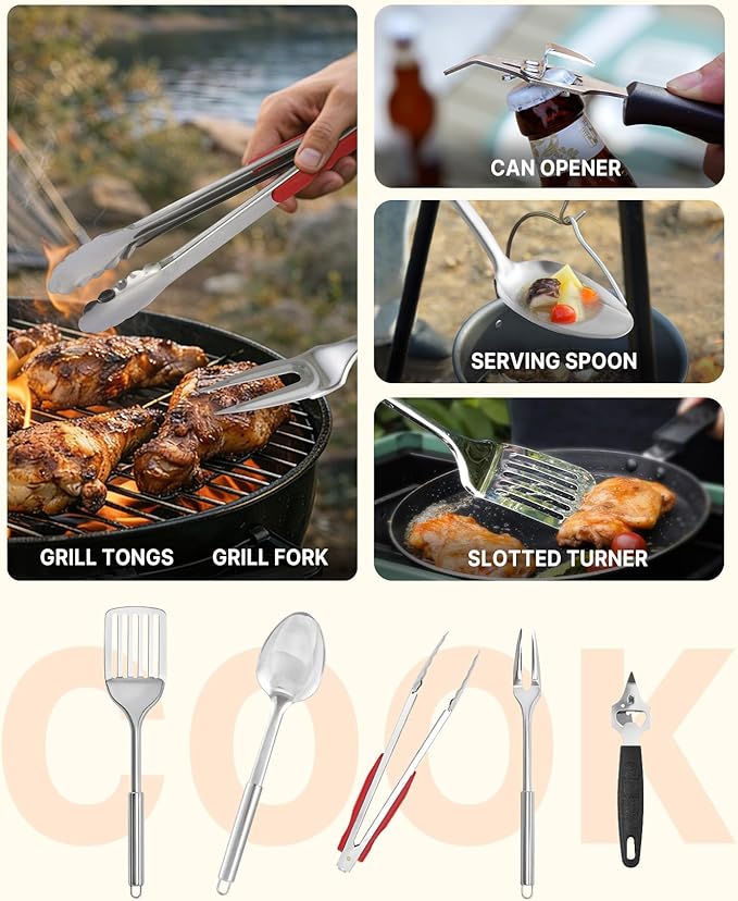 Gaialoop Portable Camping Cooking Utensils Set, Camp Kitchen Set with Organizer Bag, RV Essentials Outdoor Cooking Utensil Kit for Travel, Picnics, Camping, BBQs, Parties 28pcs