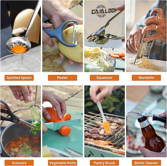Gaialoop Portable Camping Cooking Utensils Set, Camp Kitchen Set with Organizer Bag, RV Essentials Outdoor Cooking Utensil Kit for Travel, Picnics, Camping, BBQs, Parties 34pcs