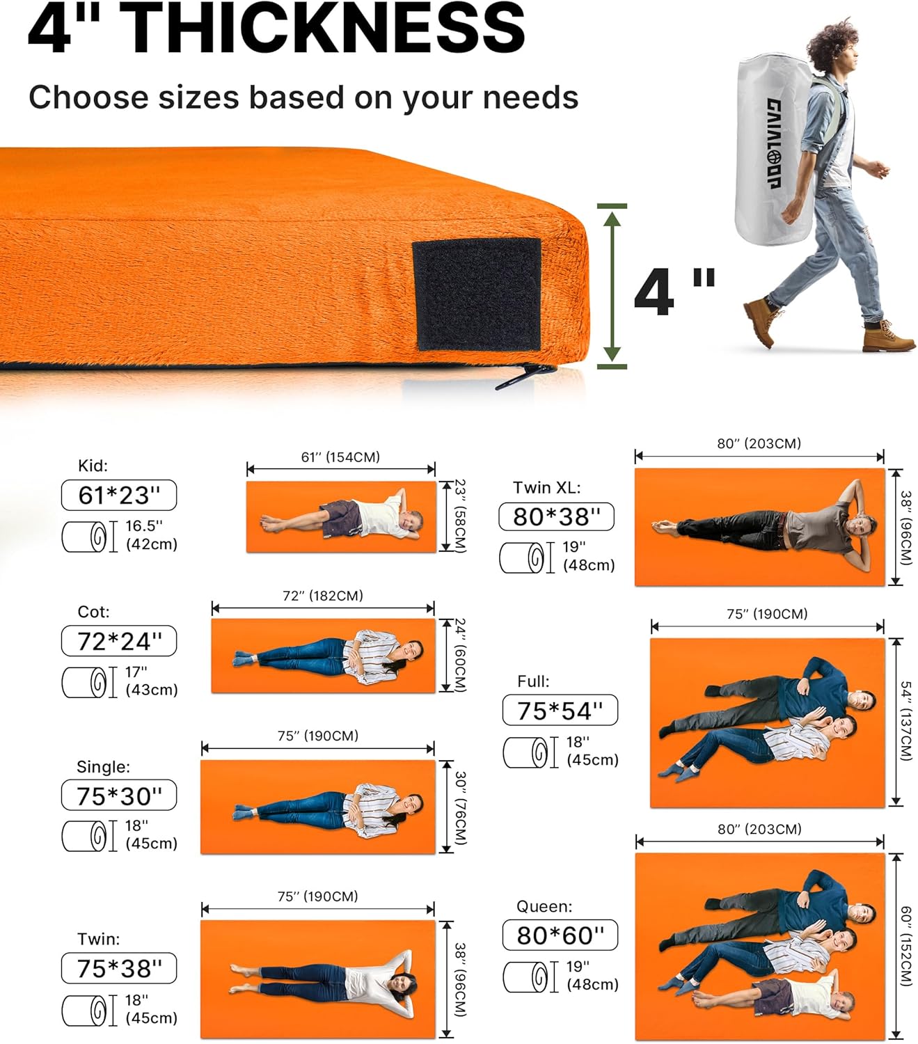 GAIALOOP 4 INCH Extra Thick Memory Foam Camping Mattress, 30D Foam Camp Pad for Car Tent Cot, Roll Up Mattress for Guests Sleepovers RV Truck Camper Twin: 75*38*4"