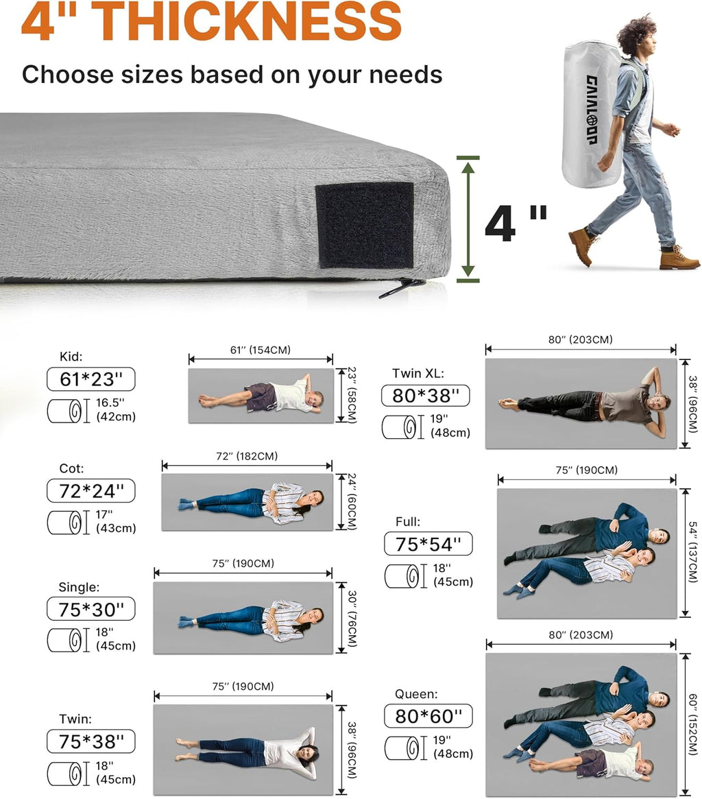 GAIALOOP 4 INCH Extra Thick Memory Foam Camping Mattress, 30D Foam Camp Pad for Car Tent Cot, Roll Up Mattress for Guests Sleepovers RV Truck Camper Space Gray Single 75304